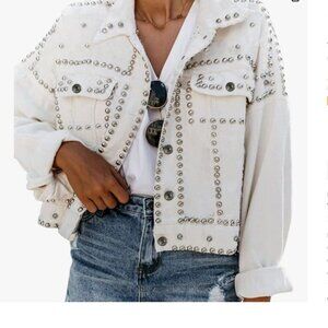 CLASSIC CONCEPTS White Studded Denim Raw Edge Cotton Jacket